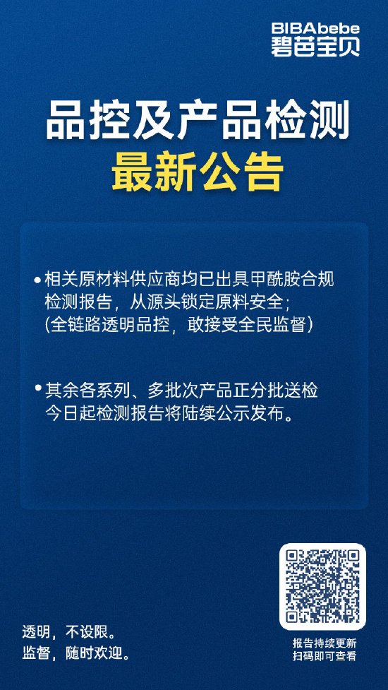 碧芭宝贝纸尿裤最新检测结果：主力款未检出甲酰胺，剩余批次随出随公示
